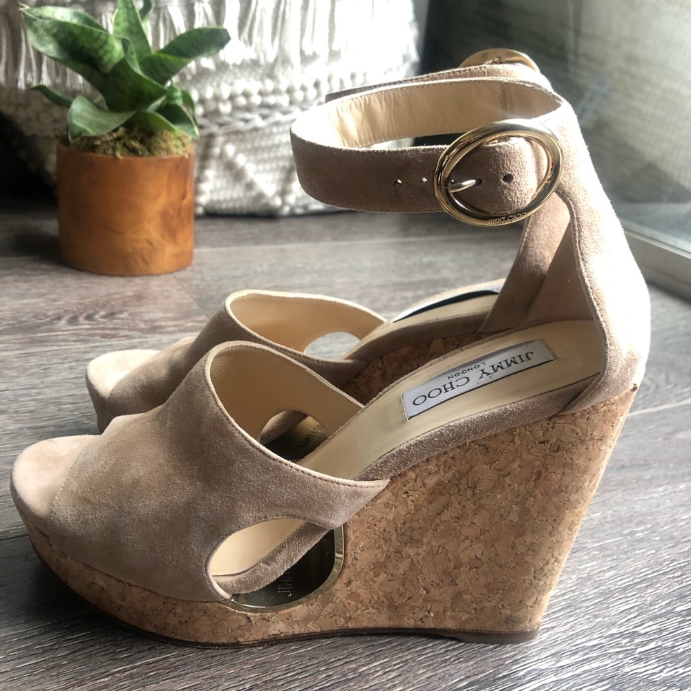 Jimmy Choo Taupe Suede Cork Wedge Sandals with Gold Buckle